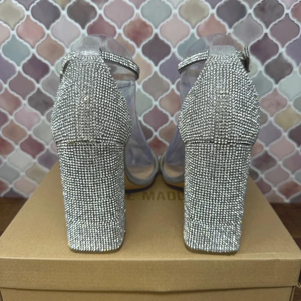 Steve Madden TIAA-R Rhinestone Block Heels Silver‎ 9.5 w/ Box